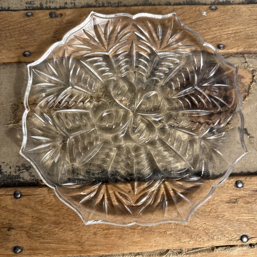 Vintage Crystal Clear Cut Glass Trivet Tray Candy Plate 7.25”